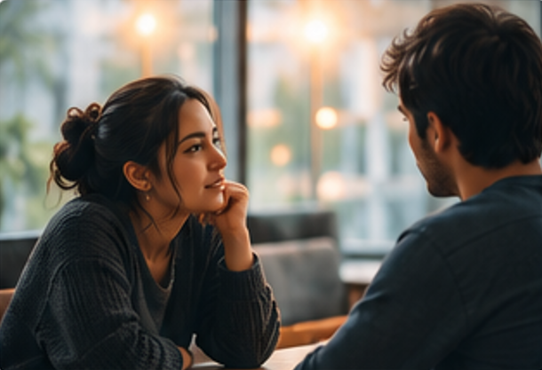 A woman and man having a heartfelt conversation at a table